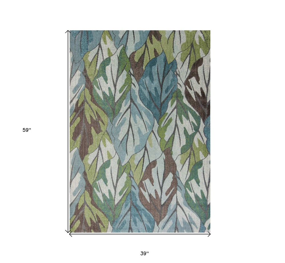 3' X 5' Blue and Green Botanical Leaves Area Rug - Homeroots - Flyclothing LLC