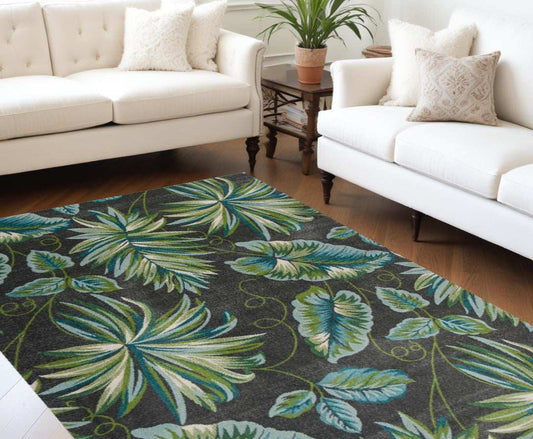 8' X 11' Grey Teal Machine Woven Oversized Tropical Leaves Indoor Area Rug - Homeroots - Flyclothing LLC
