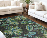 8' X 11' Grey Teal Machine Woven Oversized Tropical Leaves Indoor Area Rug - Homeroots - Flyclothing LLC