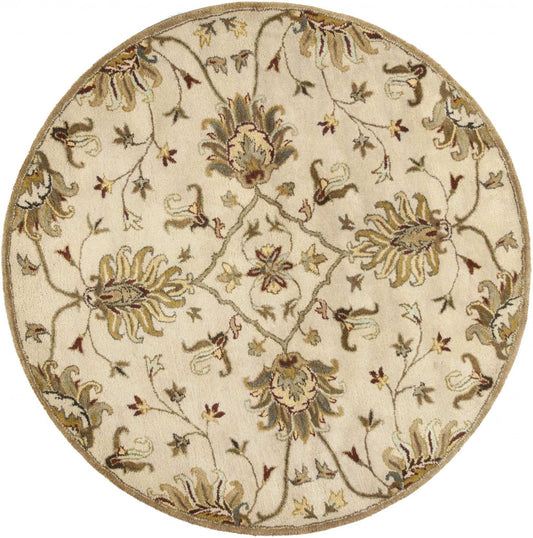 5' Round Champagne Floral Vine Wool Indoor Area Rug - Homeroots - Flyclothing LLC