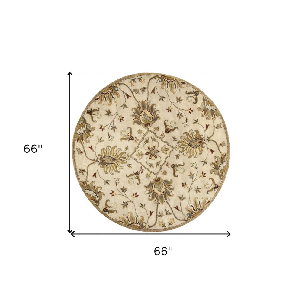 5' Round Champagne Floral Vine Wool Indoor Area Rug - Homeroots - Flyclothing LLC