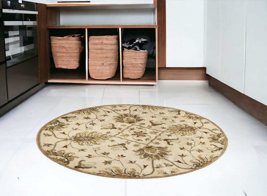 5' Round Champagne Floral Vine Wool Indoor Area Rug - Homeroots - Flyclothing LLC