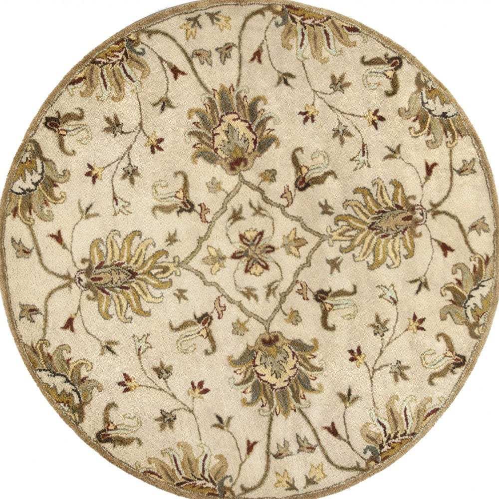 5' Round Champagne Floral Vine Wool Indoor Area Rug - Homeroots - Flyclothing LLC