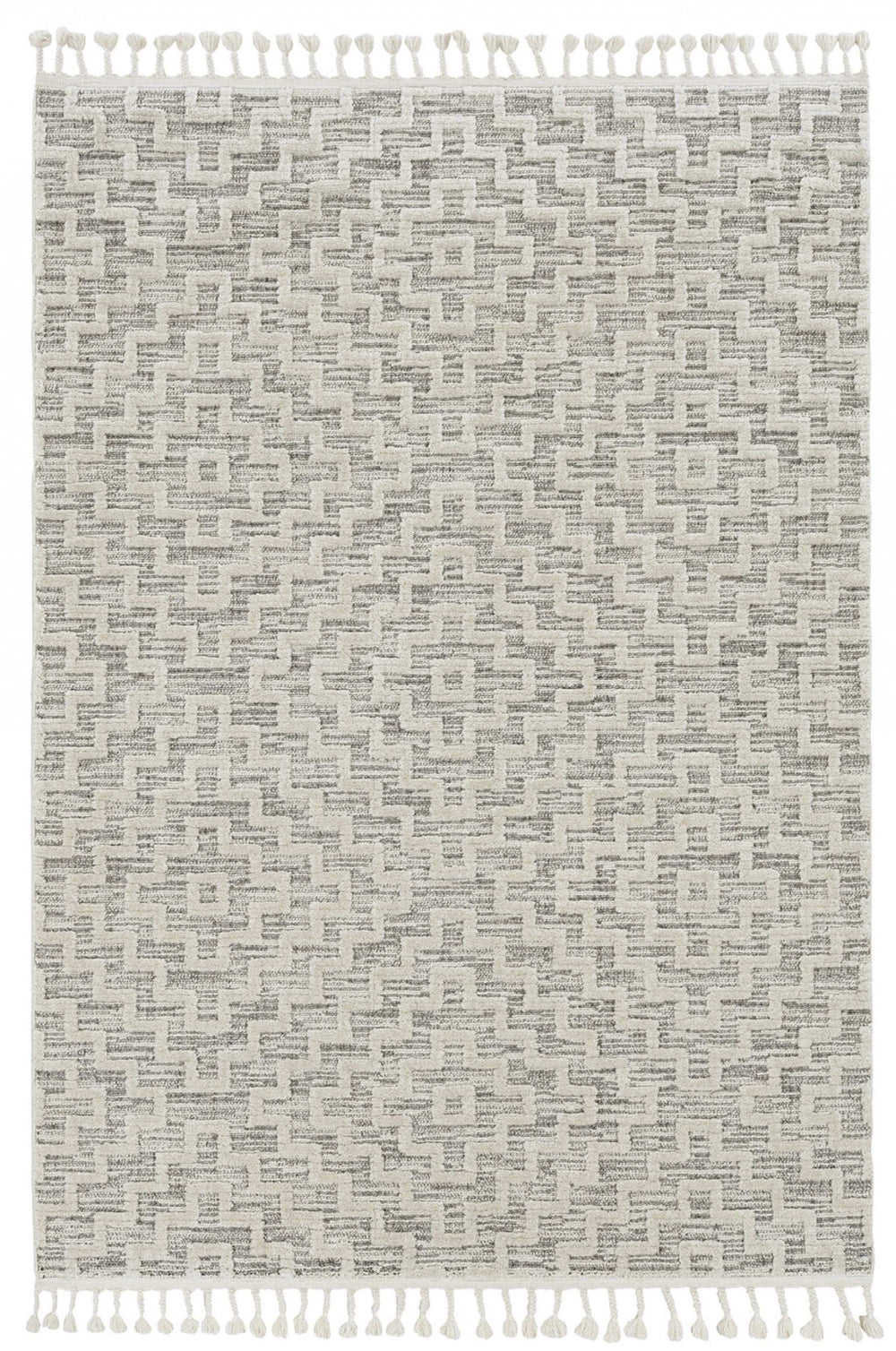 8' Ivory Grey Machine Woven Geometric With Fringe Indoor Runner Rug - Homeroots - Flyclothing LLC