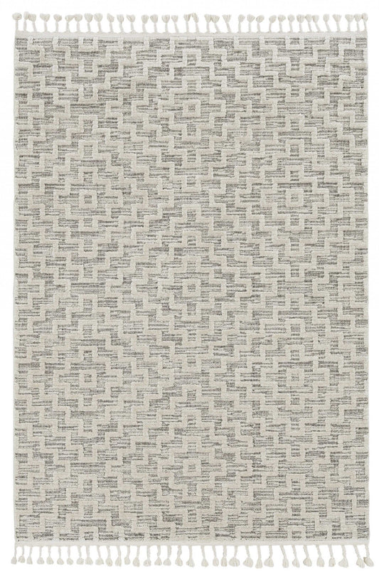 8' Ivory Grey Machine Woven Geometric With Fringe Indoor Runner Rug - Homeroots - Flyclothing LLC