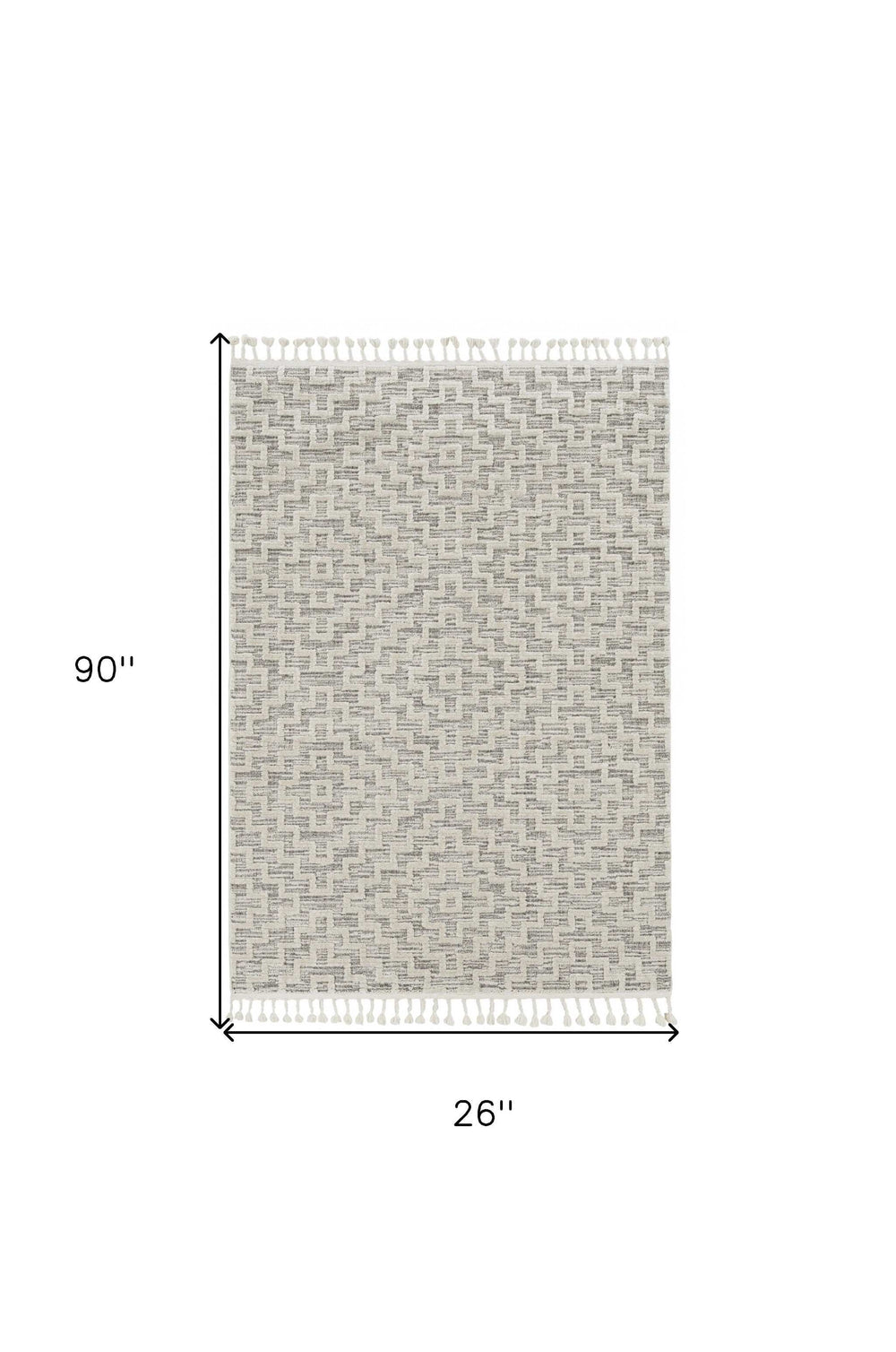8' Ivory Grey Machine Woven Geometric With Fringe Indoor Runner Rug - Homeroots - Flyclothing LLC