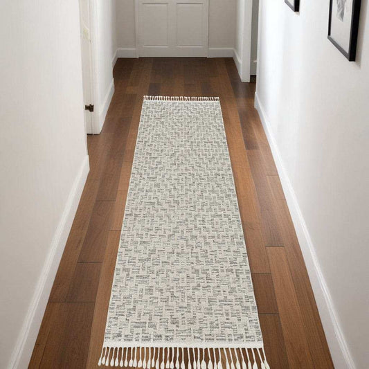 8' Ivory Grey Machine Woven Geometric With Fringe Indoor Runner Rug - Homeroots - Flyclothing LLC