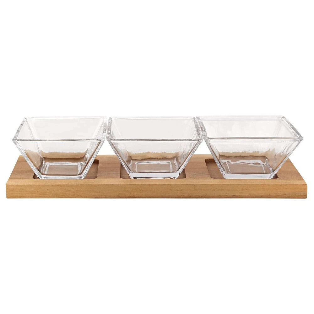 4 Mouth Blown Crystal Hostess Set 4 Pc With 3 Glass Condiment Or Dip Bowls On A Wood Tray - Homeroots - Flyclothing LLC
