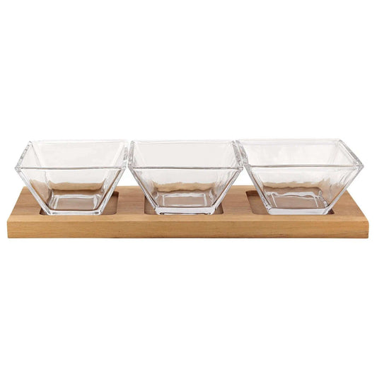 4 Mouth Blown Crystal Hostess Set 4 Pc With 3 Glass Condiment Or Dip Bowls On A Wood Tray - Homeroots - Flyclothing LLC
