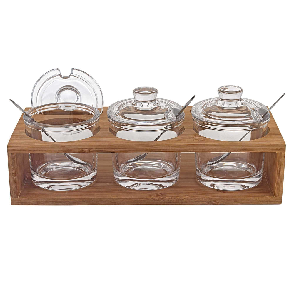 6 Mouth Blown Crystal Jam Set With 3 Glass Jars And Spoons On A Wood Stand - Homeroots - Flyclothing LLC