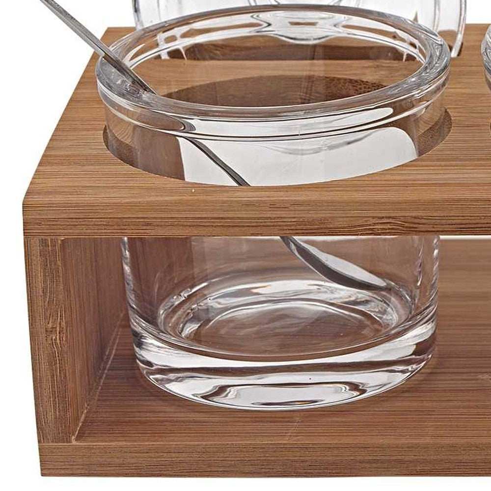 6 Mouth Blown Crystal Jam Set With 3 Glass Jars And Spoons On A Wood Stand - Homeroots - Flyclothing LLC
