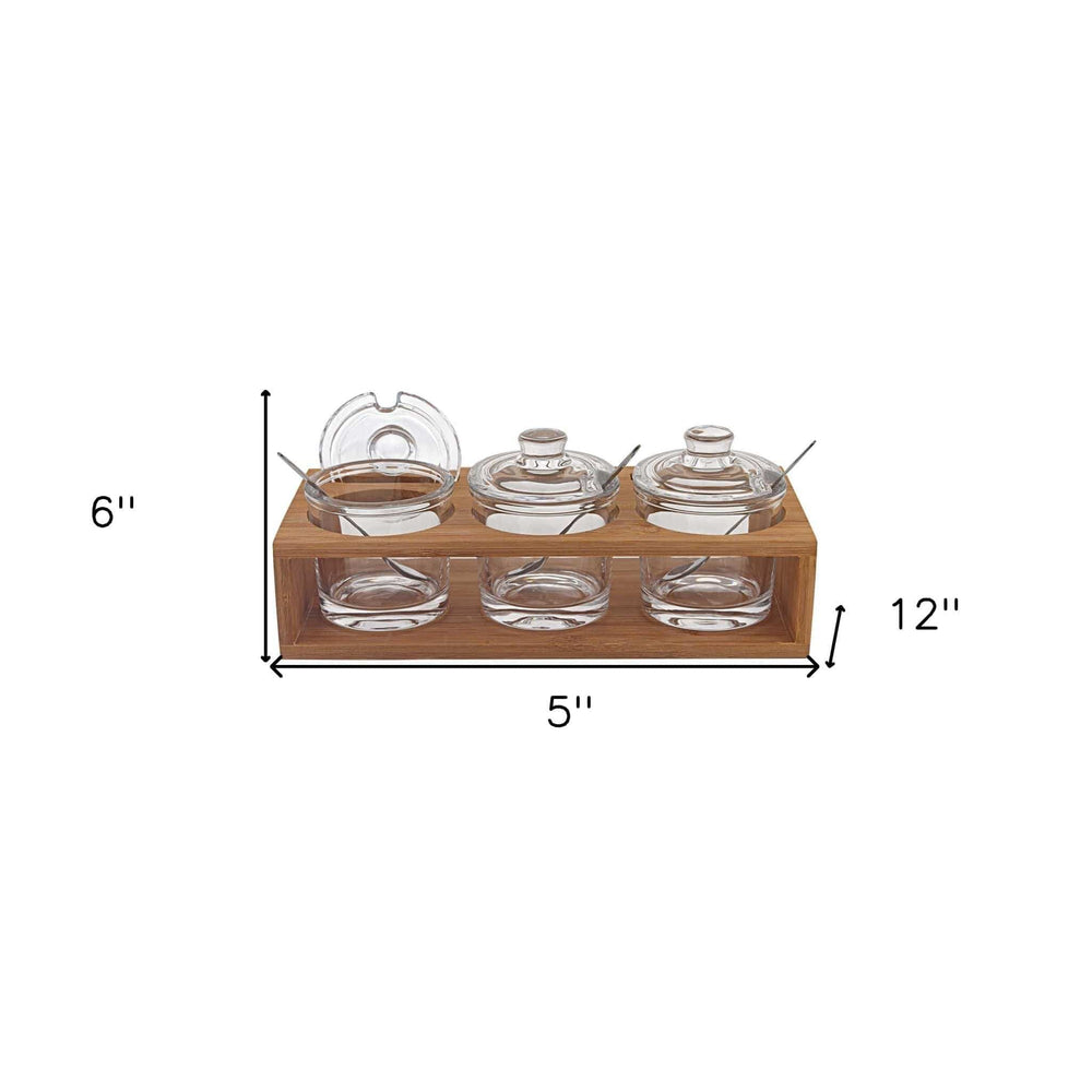 6 Mouth Blown Crystal Jam Set With 3 Glass Jars And Spoons On A Wood Stand - Homeroots - Flyclothing LLC
