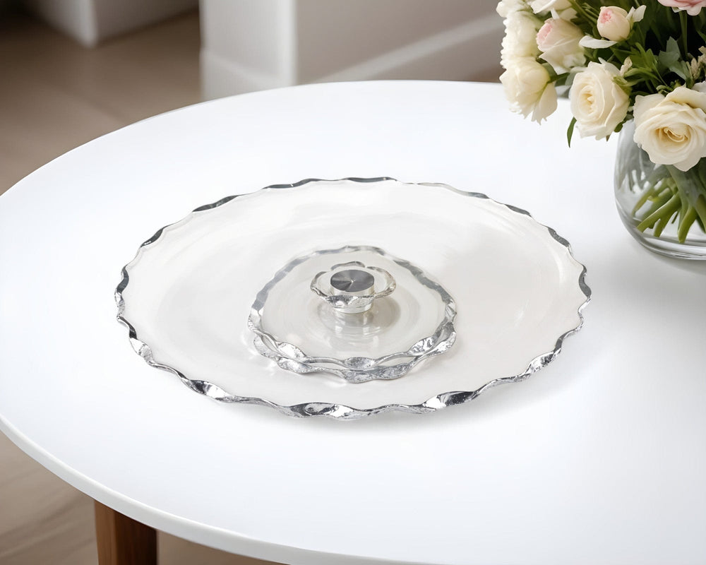 13" Clear and Silver Round Glass Hand Finished Lazy Susan - Homeroots - Flyclothing LLC