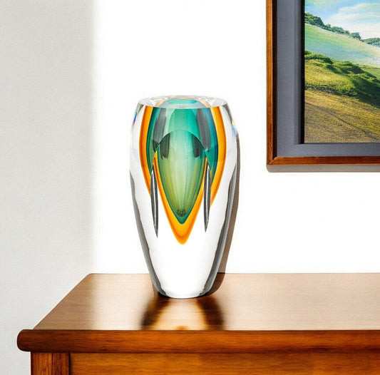 6" Clear Amber and Green Abstract Murano Glass Table Vase - Homeroots