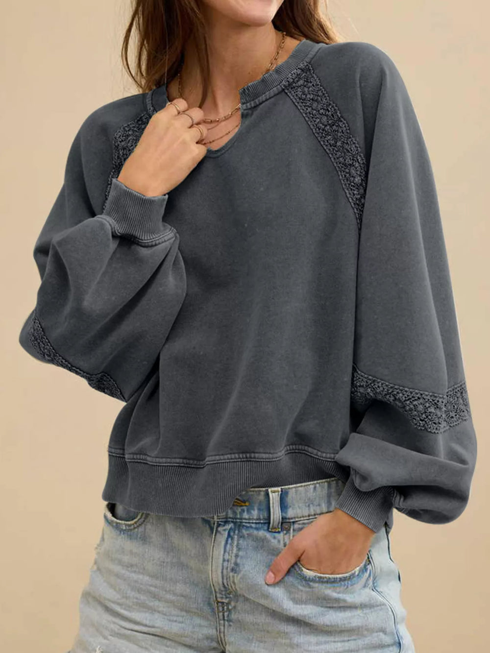 Lace Patchwork Detail Notched Mineral Wash Sweatshirt - Trendsi - Flyclothing LLC