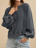 Lace Patchwork Detail Notched Mineral Wash Sweatshirt - Trendsi - Flyclothing LLC