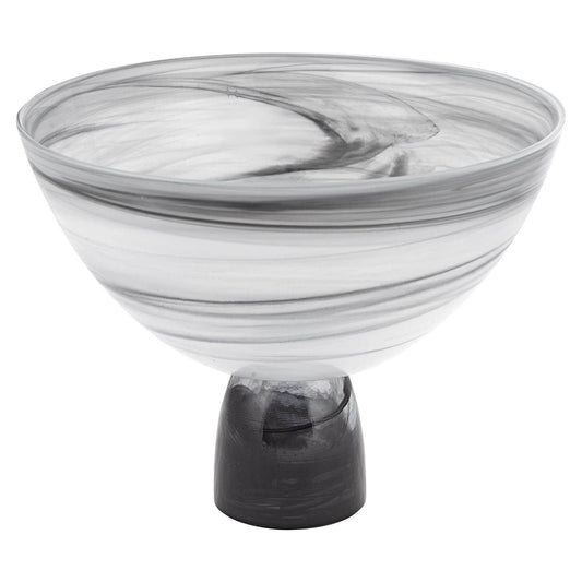 10" Black and Gray Swirl Mouth Blown Glass Footed Centerpiece Bowl - Homeroots
