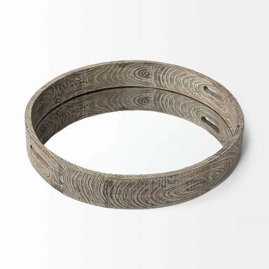 28" Natural and Brown Round Wood Indoor Outdoor Tray With Handles - Homeroots