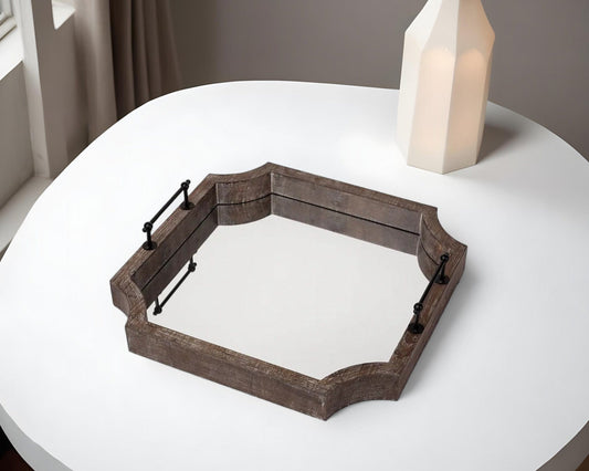 23" Brown Hexagonal Wood and Mirrored Glass Serving Tray With Handles - Homeroots