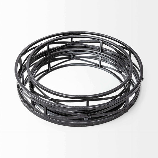 Set of Two Black Round Metal Indoor Outdoor Tray With Handles - Homeroots - Flyclothing LLC