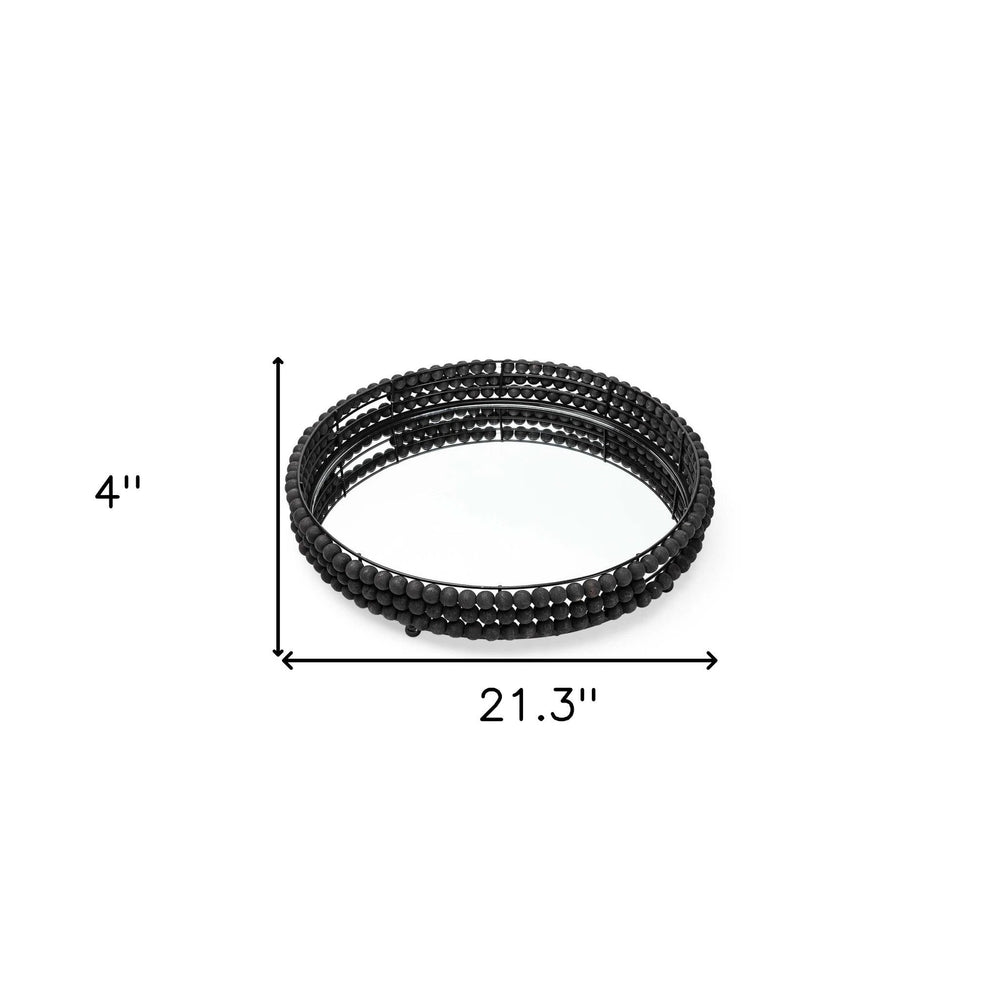 21" Matte Black Wood With Bead Mirrored Glass Bottom Round Tray - Homeroots - Flyclothing LLC