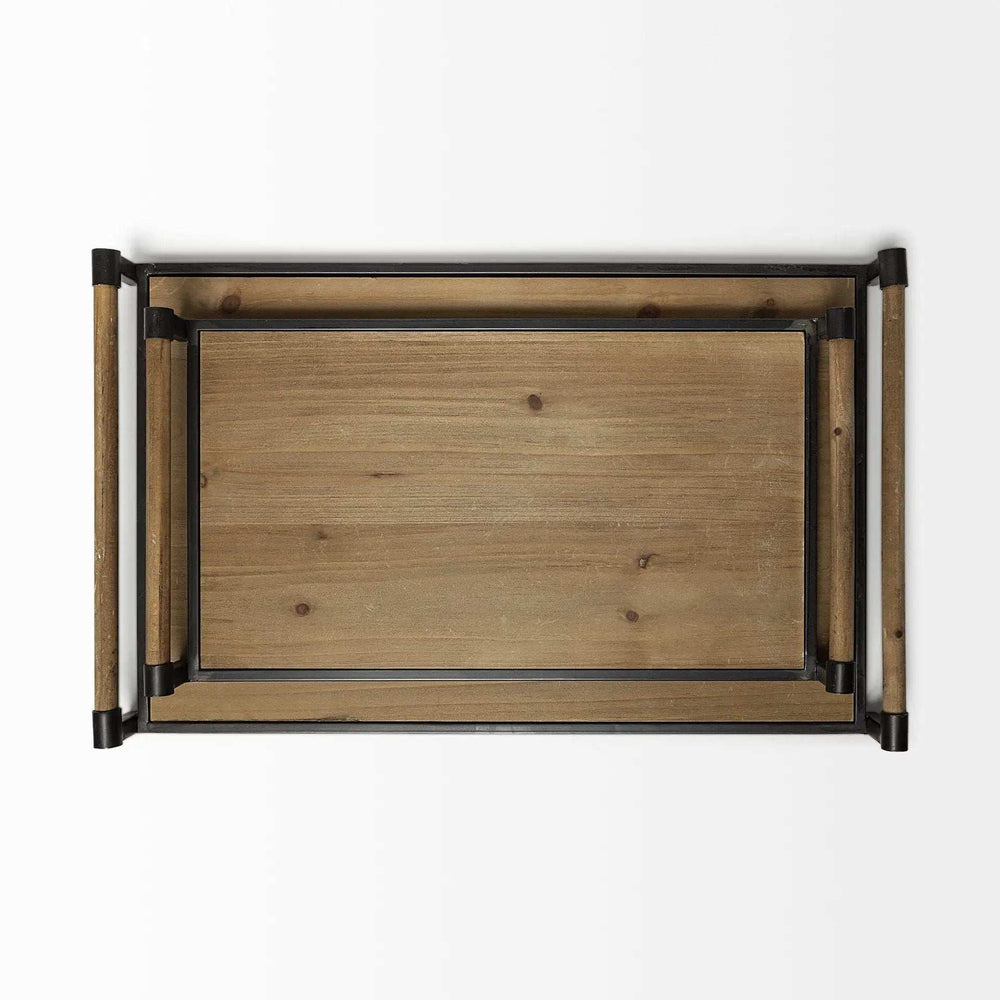 Set of Two Brown Wood Indoor Outdoor Serving Tray With Handles - Homeroots - Flyclothing LLC