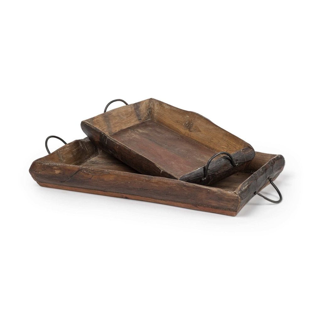 Set of Two Brown Rectangular Wood Indoor Outdoor Serving Tray With Handles - Homeroots - Flyclothing LLC