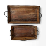Set of Two Brown Rectangular Wood Indoor Outdoor Serving Tray With Handles - Homeroots - Flyclothing LLC