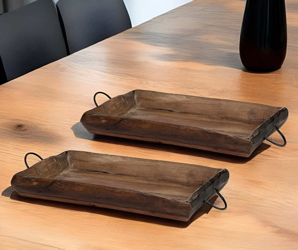 Set of Two Brown Rectangular Wood Indoor Outdoor Serving Tray With Handles - Homeroots - Flyclothing LLC