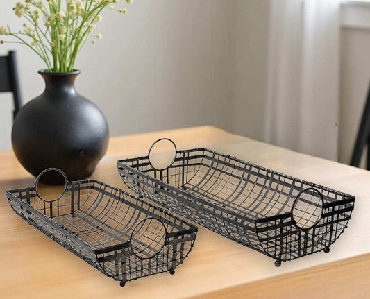 Set of Two Gray Metal Indoor Outdoor Serving Tray With Handles - Homeroots - Flyclothing LLC