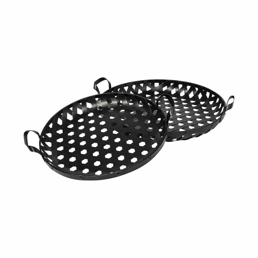Set of Two Black Round Metal Indoor Outdoor Tray With Handles - Homeroots - Flyclothing LLC