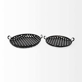 Set of Two Black Round Metal Indoor Outdoor Tray With Handles - Homeroots - Flyclothing LLC