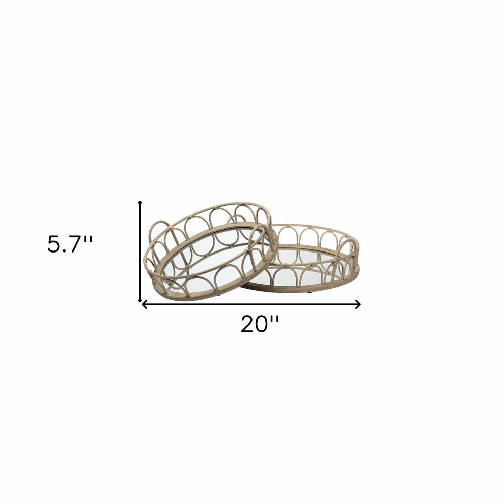 Set of Two Brown Round Wood Indoor Outdoor Vanity Tray With Handles - Homeroots - Flyclothing LLC