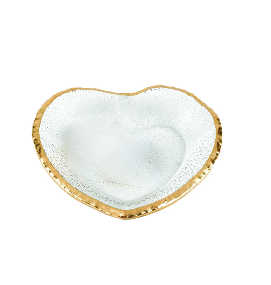 8" Mouth Blown Seeded Glass Heart Plate with Gold Rim - Homeroots
