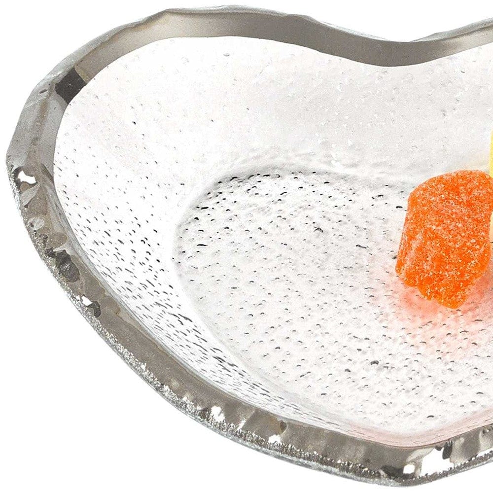 8" Mouth Blown Seeded Glass Heart Plate with Silver Rim - Homeroots