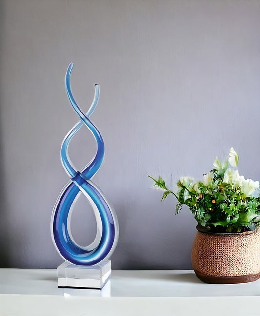 20" Clear and Blue Murano Glass Modern Abstract Tabletop Sculpture - Homeroots