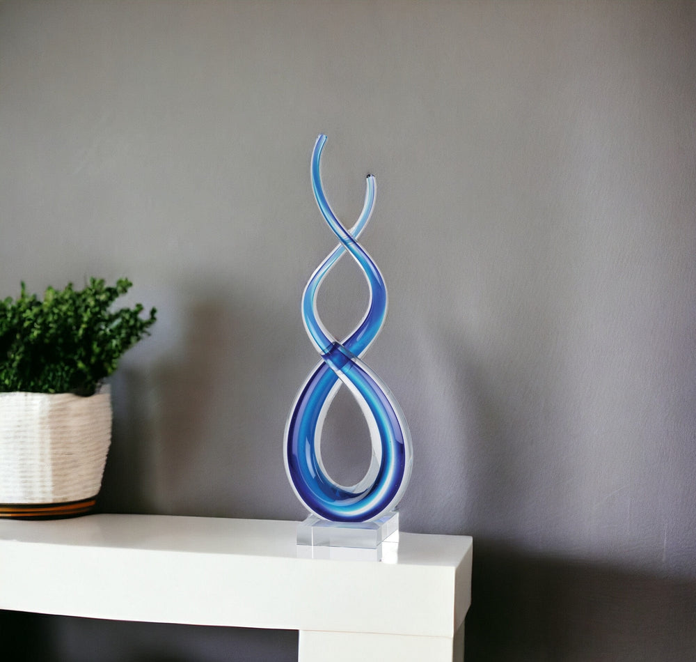 14" Clear and Blue Murano Glass Modern Abstract Tabletop Sculpture - Homeroots - Flyclothing LLC