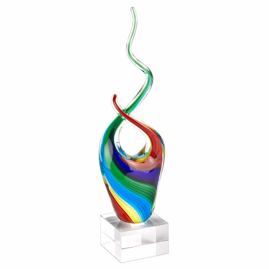 14" Clear Red Blue Yellow Murano Glass Modern Abstract Tabletop Sculpture - Homeroots