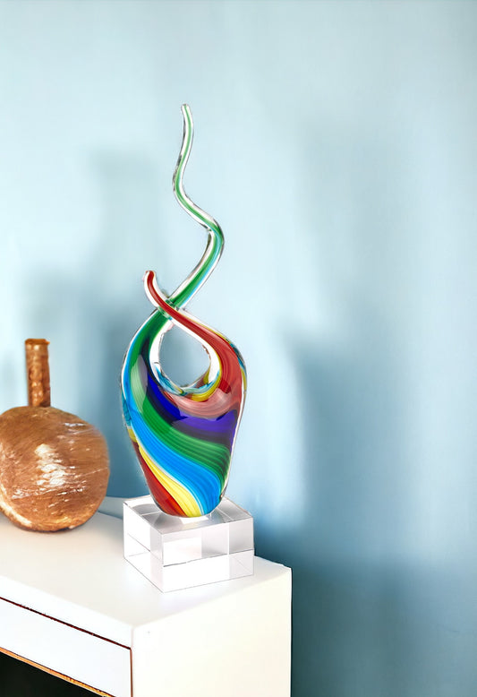 14" Clear Red Blue Yellow Murano Glass Modern Abstract Tabletop Sculpture - Homeroots