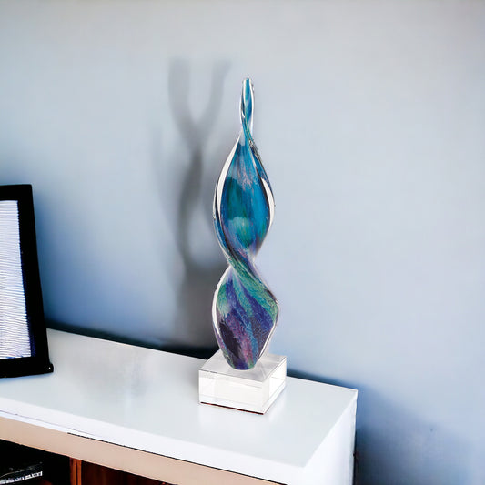 18" Blue and Green Murano Glass Modern Abstract Tabletop Sculpture - Homeroots