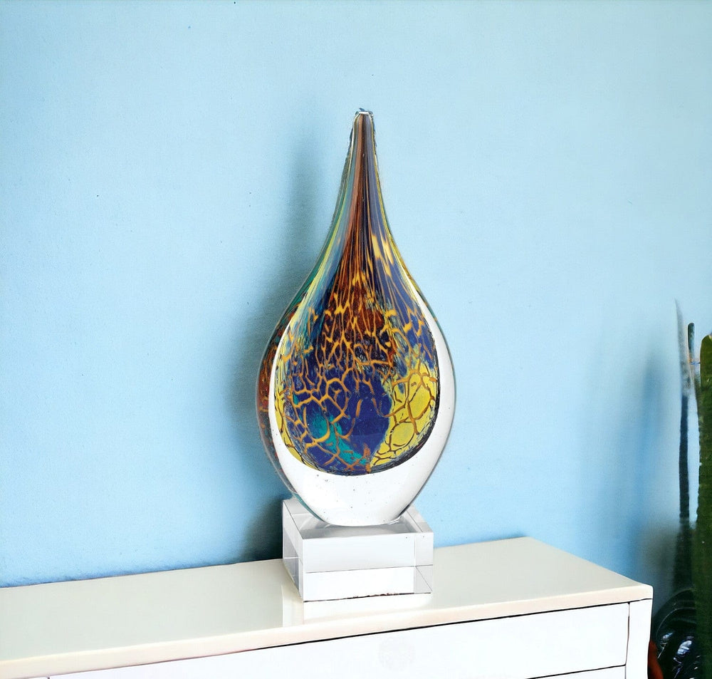 12" Blue and Yellow Murano Glass Modern Abstract Tabletop Sculpture - Homeroots - Flyclothing LLC
