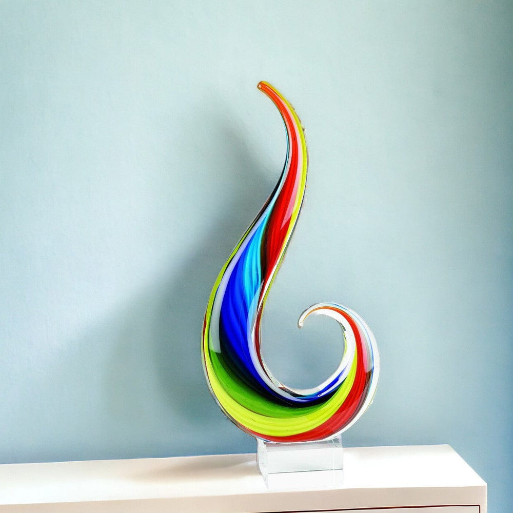 12" Clear Red Blue Yellow Murano Glass Modern Abstract Tabletop Sculpture - Homeroots - Flyclothing LLC