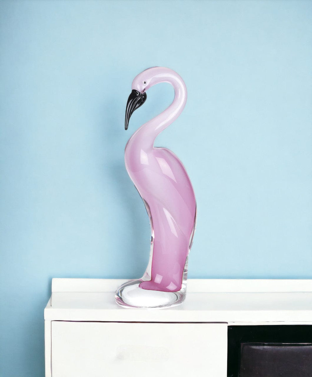 15" Pink Murano Glass Flamingo Figurine Tabletop Sculpture - Homeroots