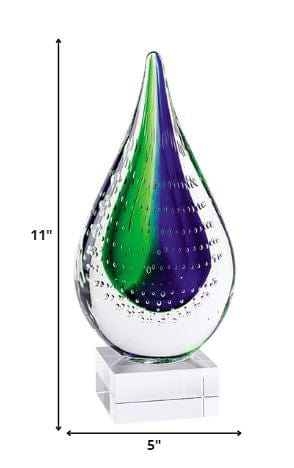 11" Clear Blue and Green Murano Glass Modern Abstract Tabletop Sculpture - Homeroots - Flyclothing LLC