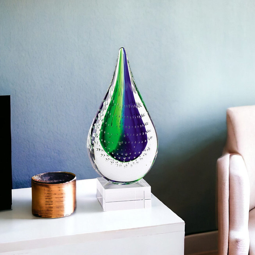 11" Clear Blue and Green Murano Glass Modern Abstract Tabletop Sculpture - Homeroots - Flyclothing LLC