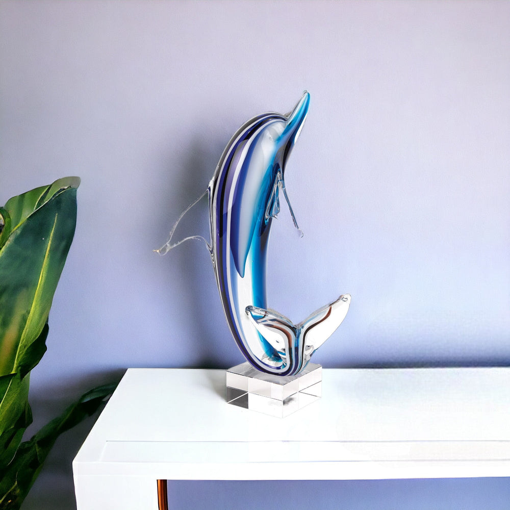 14" Blue Murano Glass Dolphin Figurine Tabletop Sculpture - Homeroots - Flyclothing LLC