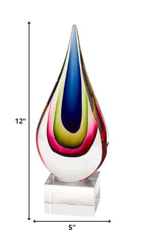 12" Clear Red Blue Yellow Murano Glass Modern Abstract Tabletop Sculpture - Homeroots - Flyclothing LLC