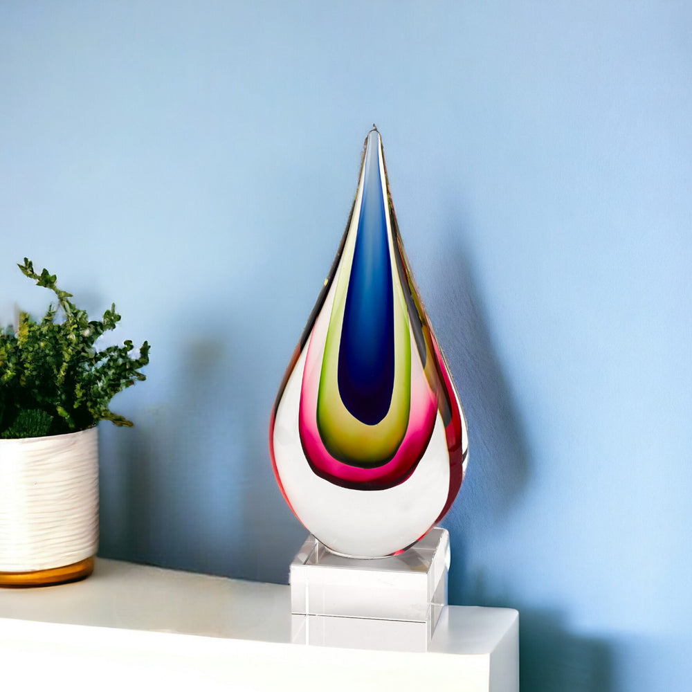 12" Clear Red Blue Yellow Murano Glass Modern Abstract Tabletop Sculpture - Homeroots - Flyclothing LLC