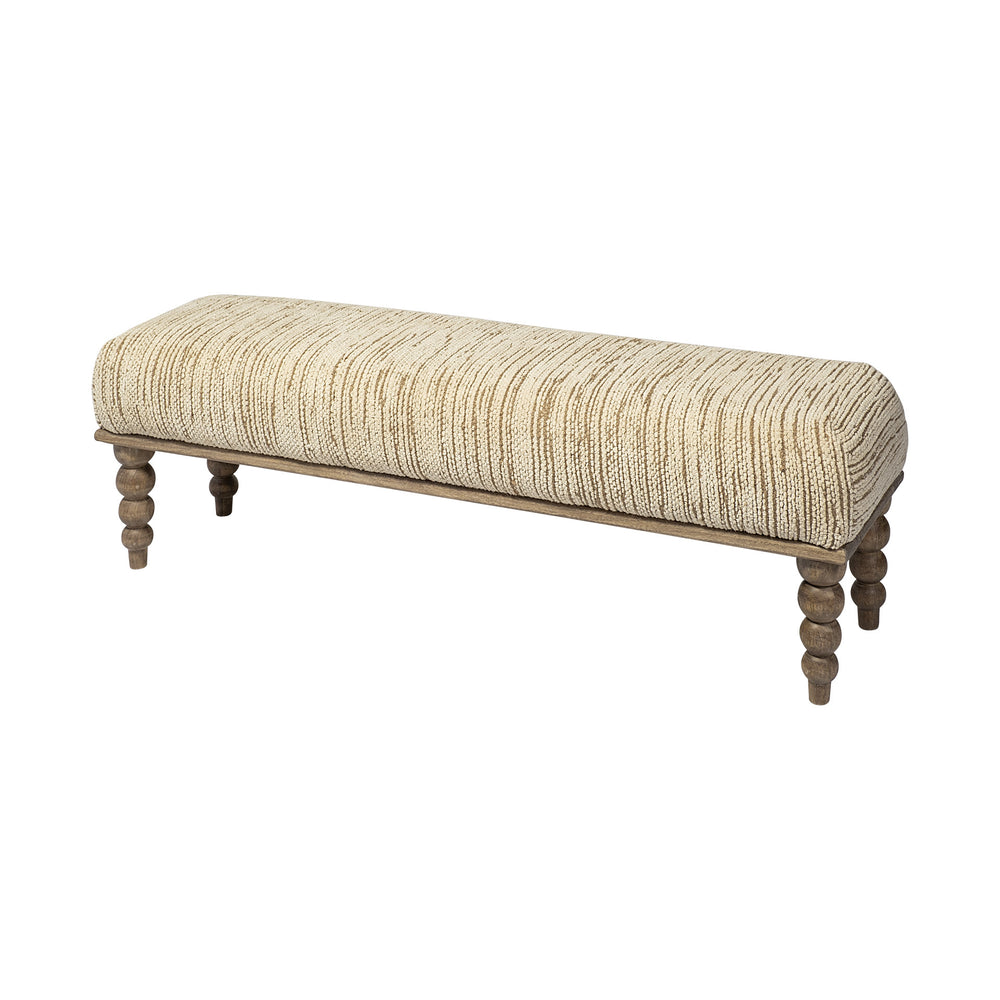 55" Cream and Wood Brown Upholstered Polyester Blend Bench - Homeroots