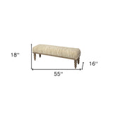 55" Cream and Wood Brown Upholstered Polyester Blend Bench - Homeroots